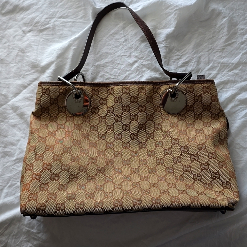 Gucci fabric and leather tote bag brown and tan